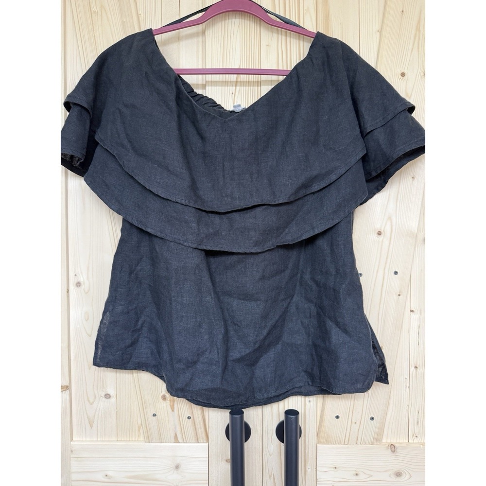 Crown Linen Designs Black Linen Boho Ruffled Collar Sleeveless Top Size Large
